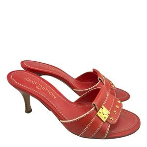 Louis Vuitton Red Leather Embellished Heeled Sandals